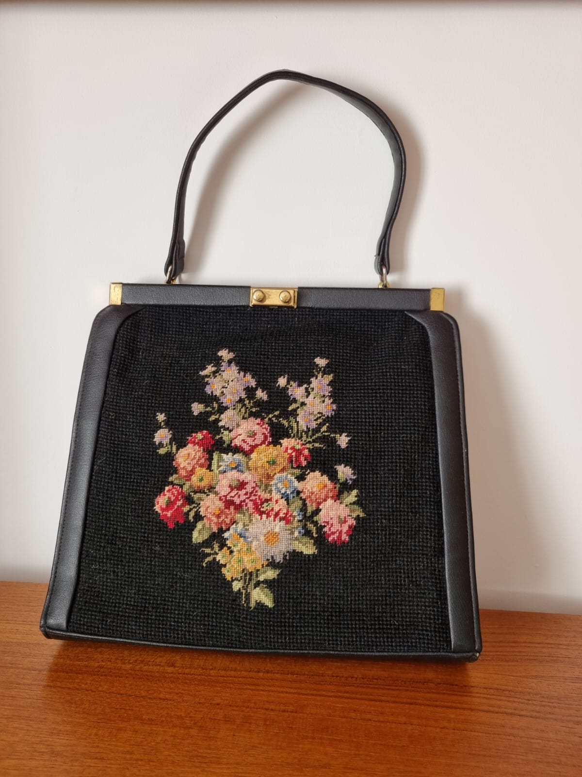 Vintage Floral Tapestry Black Wool and Leather Large Top Handle Handbag