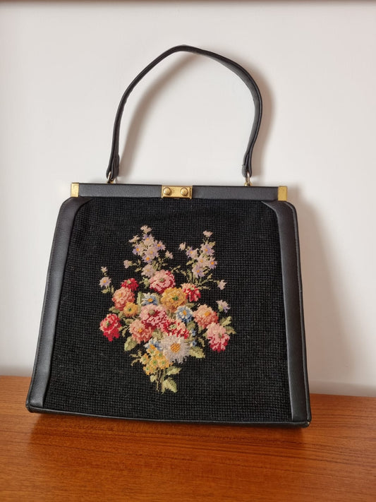 Vintage Floral Tapestry Black Wool and Leather Large Top Handle Handbag