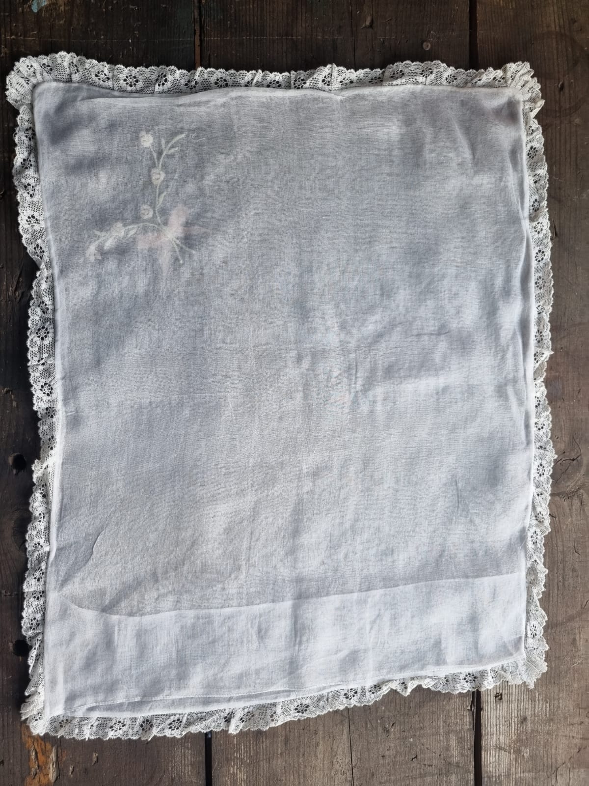 Antique Victorian Wedding Night White Sheer Rose Embroidered Pillowcase.