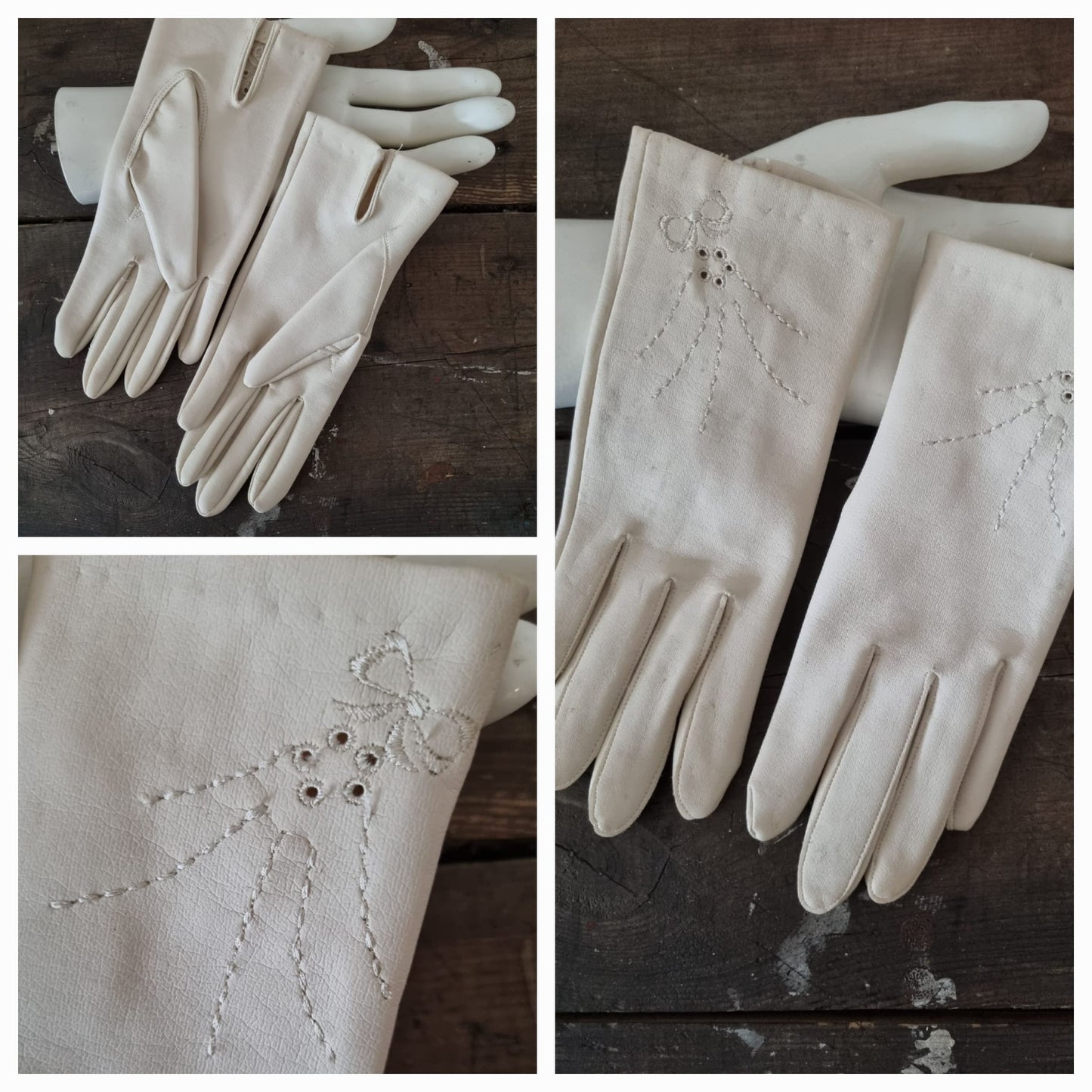 Cream Vinyl Vintage Gloves with Bow Detail. Size 6.5